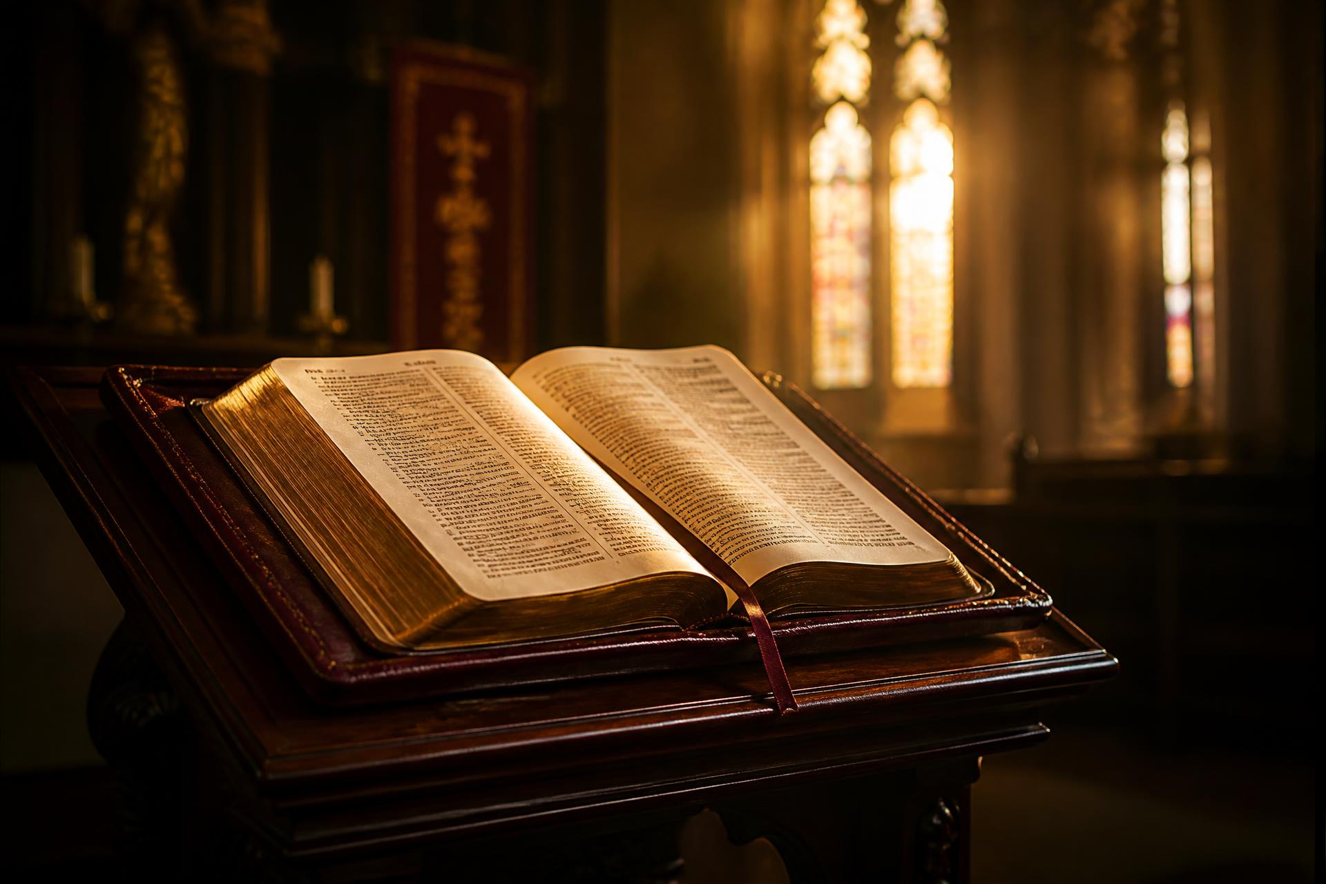 Open Bible on a wooden lectern in warm church light